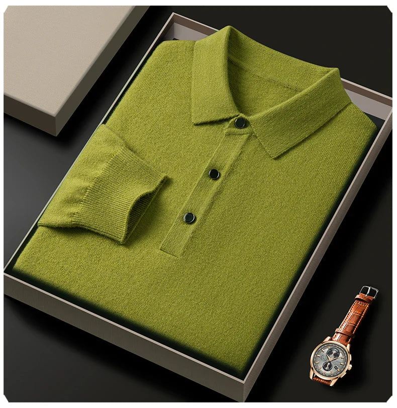 Fashion luxury knitted long sleeve polo shirt men's autumn new trend simple solid color soft skin friendly comfort lapel sweater