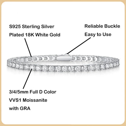 2024 New In GRA Certified 3/4/5/6.5MM White Full Moissanite Tennis Bracelet for Women Men 925 Silver Diamond Link Bracelets
