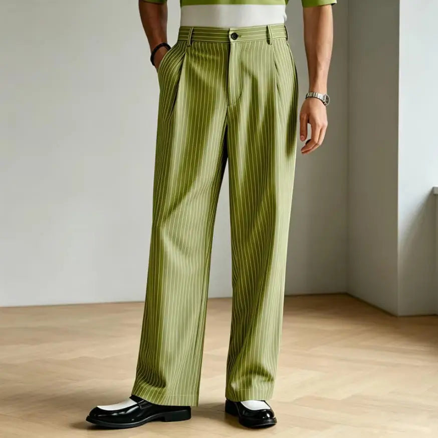 Vintage Men Pants Thin Slacks Business Striped Trousers High Waist Pleated Wide Leg Loose Straight Casual Office Wedding