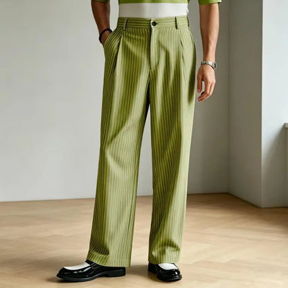 Vintage Men Pants Thin Slacks Business Striped Trousers High Waist Pleated Wide Leg Loose Straight Casual Office Wedding