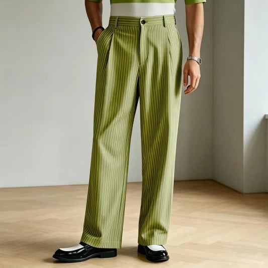 Vintage Men Pants Thin Slacks Business Striped Trousers High Waist Pleated Wide Leg Loose Straight Casual Office Wedding
