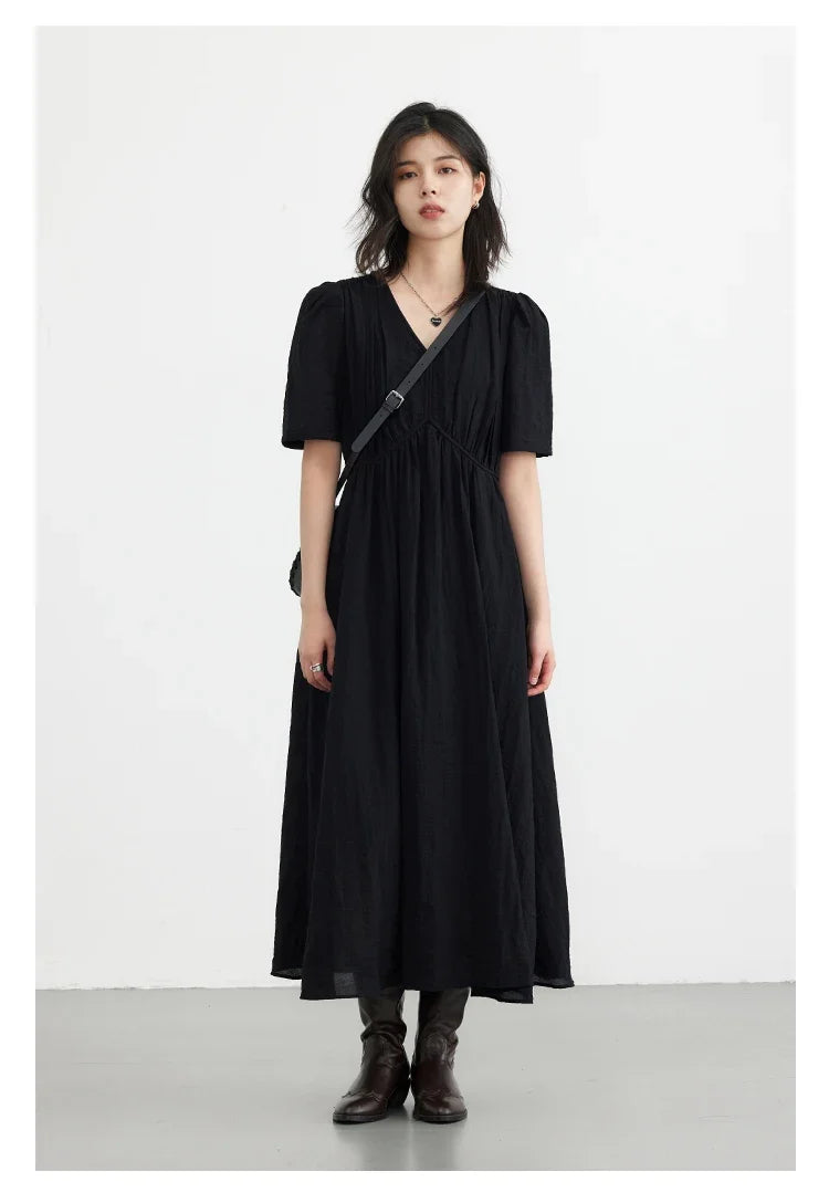 Women Dresses French Style Vintage V-neck Puff Sleeve Long Dress Solid Black Loose Female Clothing Summer New 2023