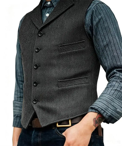 Men's Wool Tweed Suit Vest Lapel V Neck Sleeveless Herringbone Retro Casual Slim Fit Wedding Business Waistcoat for Tuxedos