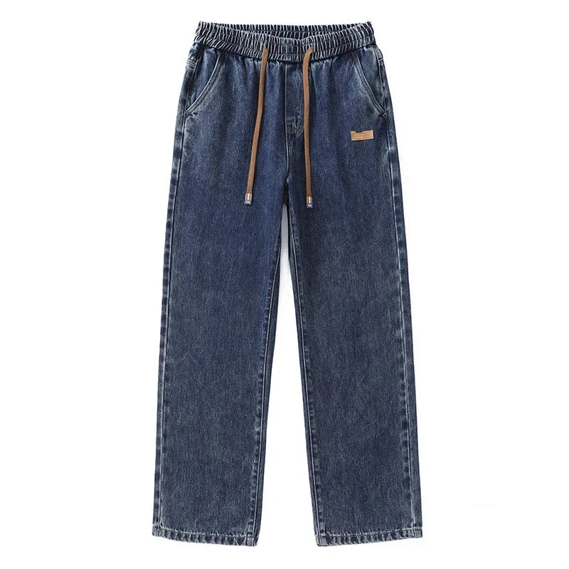 Men Dark Blue Blue Stretch Elastic Waist Denim Pants Streetwear Loose Full Length Trousers Straight Wide Leg Drawstring Jeans