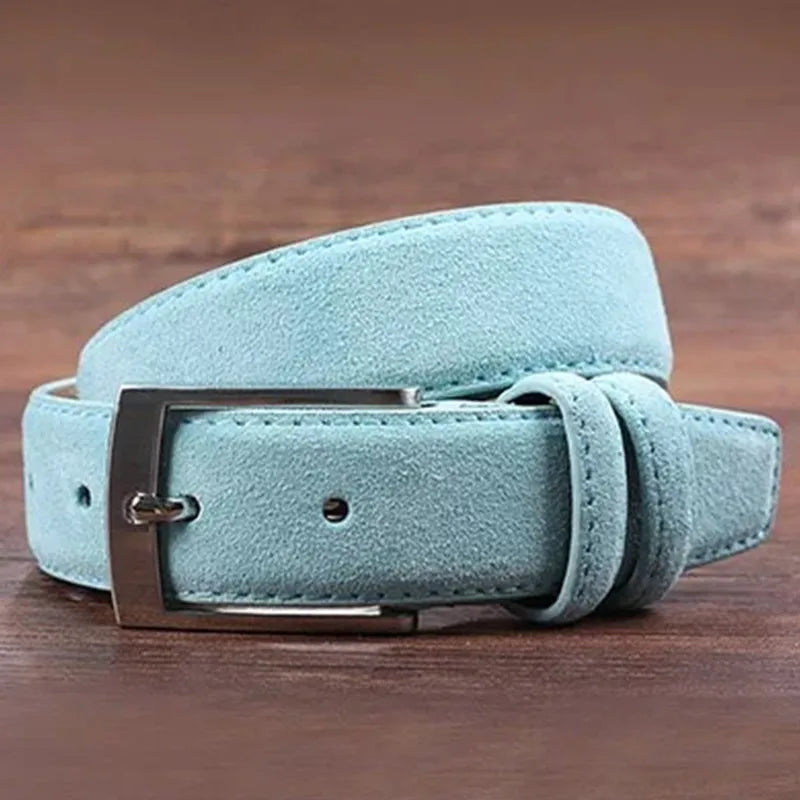 2025 Fashion Suede Belt Cow Genuine For Man And Lady With Oxford Fabric Strap Genuine Leather Luxury Pin Buckle Blue Belts