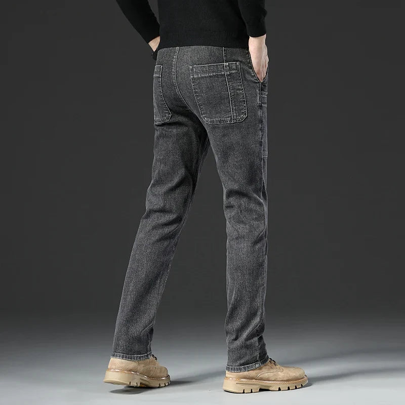 6 Pocket Design Denim Jeans Men's 2025 New High Elasticity Denim Casual Trousers Straight Male Pants Fashion Mid-waist Jeans