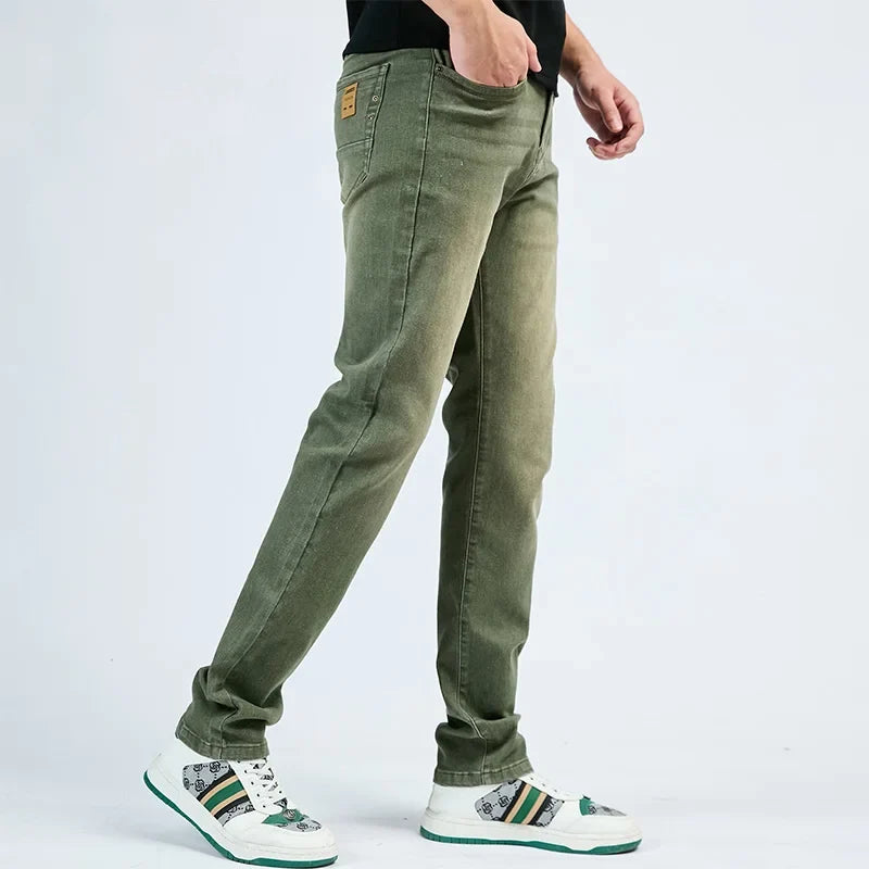 2025 Autumn New Men's Slim Elastic Jeans Fashion Korean Small Straight Pencil Pants Soft Comfortable Casual Green Denim Pants