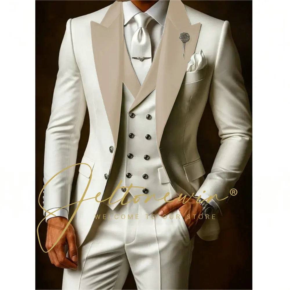 White Suits Set For Men Wedding Party Fashion Blazer Vest Pants Formal Groomsmen Tailor-made Male High Quality Groom Tuxedos