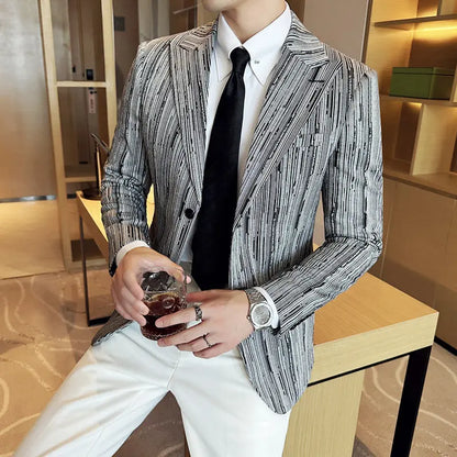 Fashion Meteor Line Checkered Elegant Suit Jacket Men Fashion De Luxe Business Slim Fit Single Breasted Social Party Dress Coats