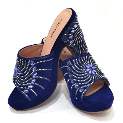 2023 The Latest Italian Design Rotary Rhine-Diamond Floral Thick Heel Platform Women's Comfortable Shoes Bag and Shoe Set