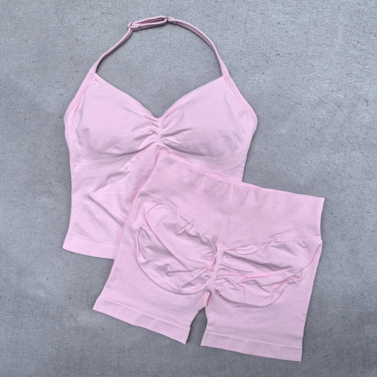 New Seamless Yoga Set Women 2Pcs Padded Halter Tank Top Scrunch Butt Lifting Gym Shorts Set Summer Sportswear Workout Clothes