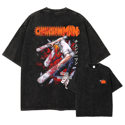 Anime C-Chainsaw M-Man T Shirts Oversized Vintage Washed Denji T-shirt Manga Power T Shirt Pochita Makima Reze Tops Tees man