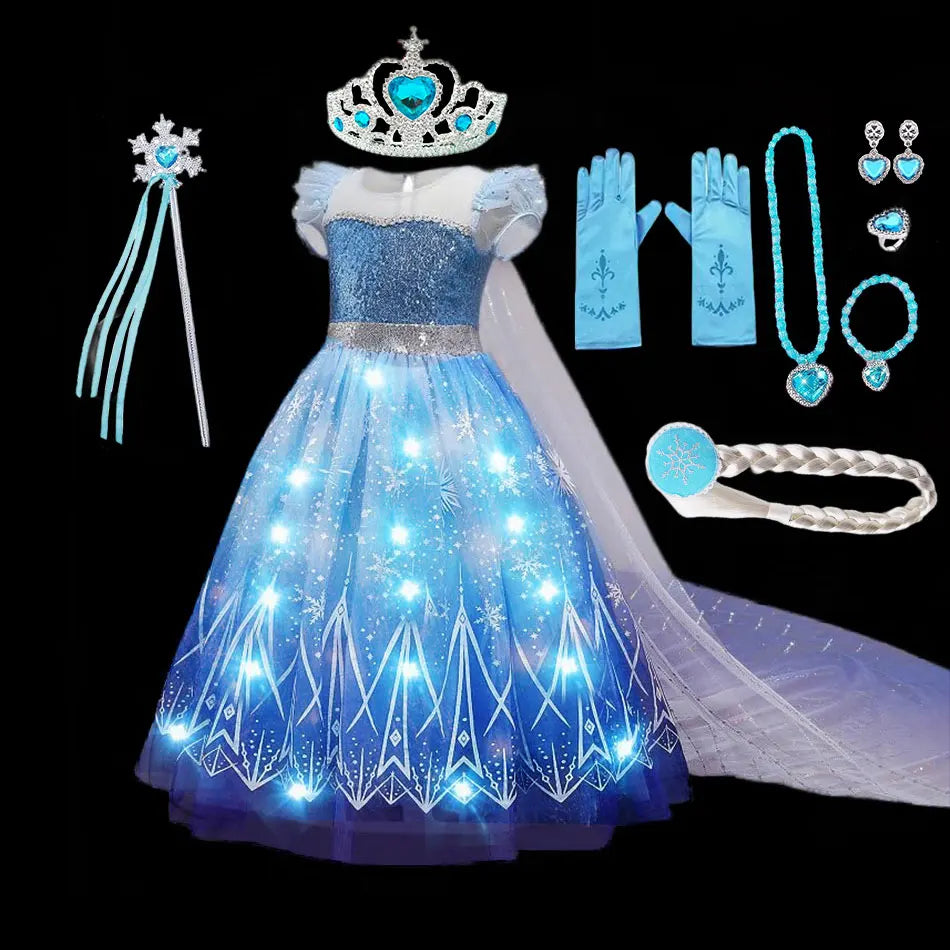 2026 Disney Elsa Costume for Girls Light-Up Frozen Snow Queen Dress With LED Lights Fancy Frock for Kids Birthday Party Set