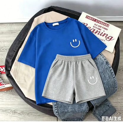 2026 New Summer Smiling Face Print Kids T-shirt Set Short-sleeved Pure Cotton Loose Basic Versatile Cool Simple Kids Outfit Tops