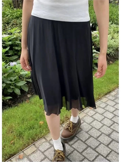 Vintage Black Chiffon Fungus Hem Mini Skirts Women Summer New Casual Preppy Style A-line Short Faldas Female Sweet Elegant Skirt