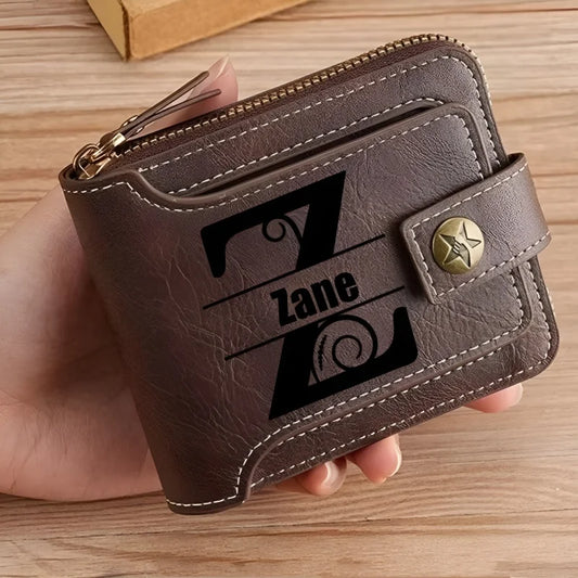 Portefeuille court en cuir PU personnalisé avec chaîne pour homme, portefeuille bifold marron élégant avec nom et texte gravés pour la Saint-Valentin et les anniversaires