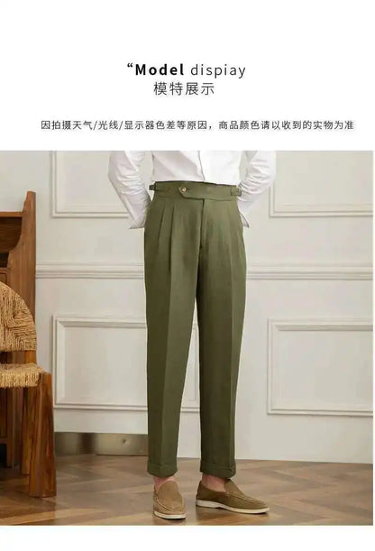 Linen Cotton High Waist Straight Casual Pants Men Versatile Naples Gentleman Pleated Pants High Quality Italian Dress Trousers