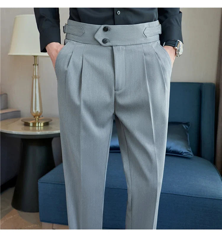 British Style Autumn New High Waist Trousers Men Belt Design Slim Fit Suit Pants Office Social Wedding Party Formal Pants Hommes