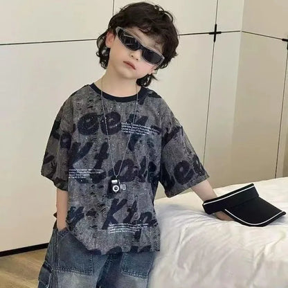 Cute Boys Distressed Letter Print Short Sleeve T-Shirt Summer 2026 Loose Fit Kids Sizes 12-16