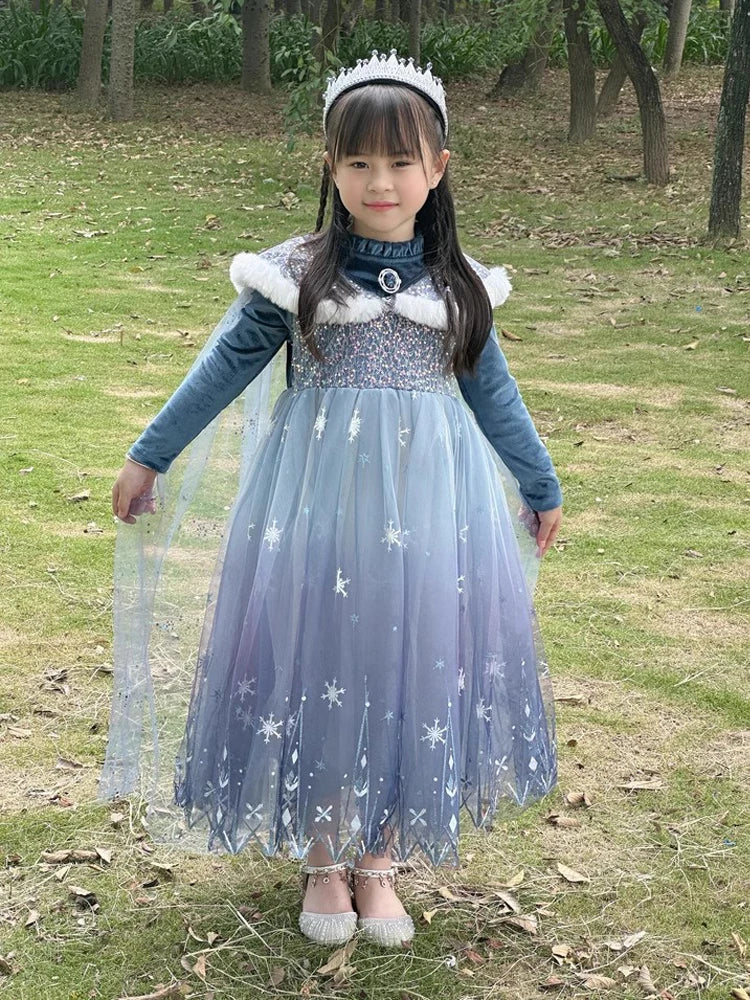 Girls' Spring 2026 New Velvet Elsa Frozen Princess Dress Kids Blue Cape 2 Piece Set Warm Dresses For Girl Party 3-9 Years Old ﻿
