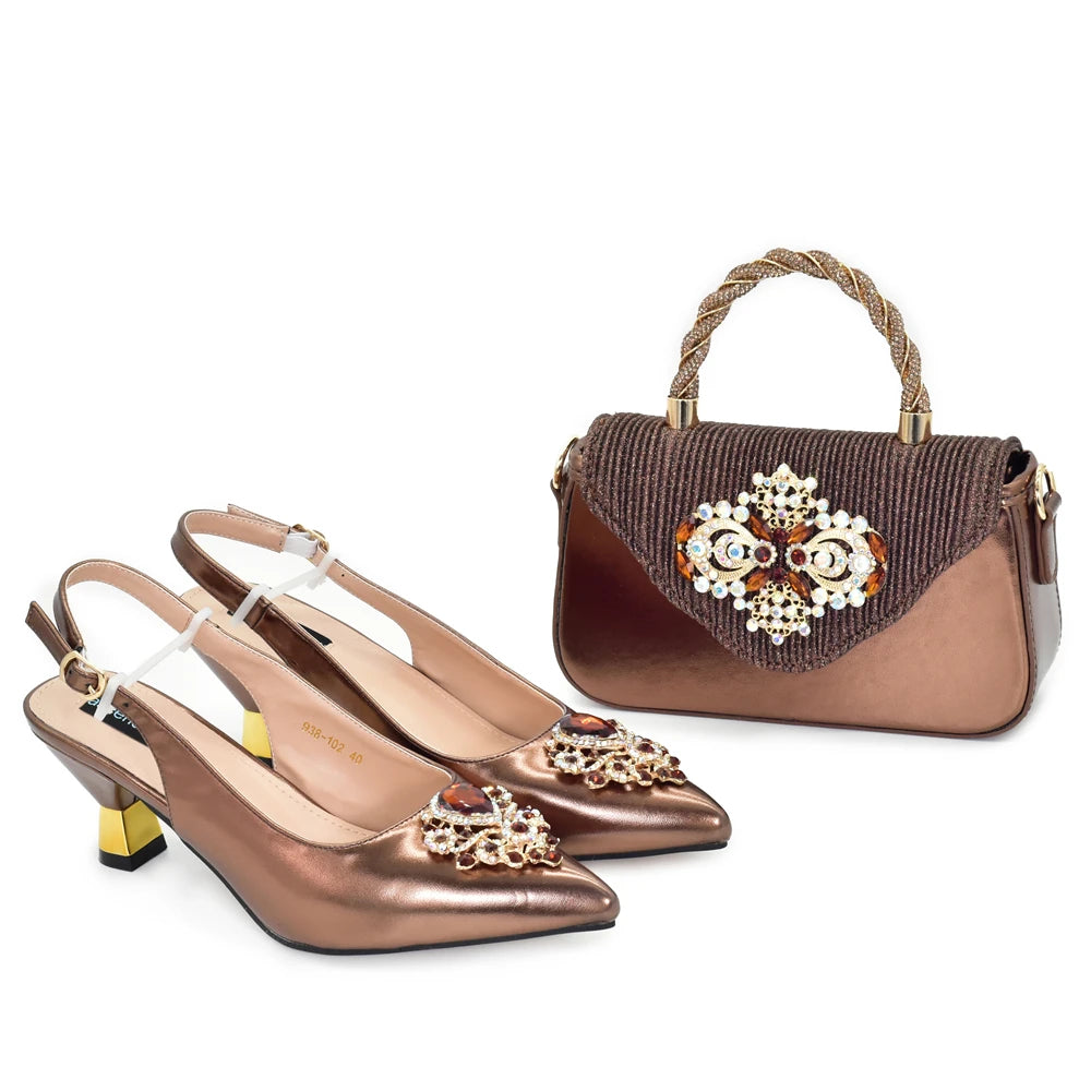 New Arrival Pointed Toe Heels for Women 2026 Elegant Party Diamond Pumps Italian Shoes and Bags Matching Set with Rhinestone