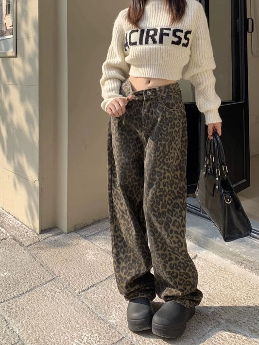 American Vintage Leopard Wide Leg Jeans Women High Waist Street Style Straight Pants Loose Fit Casual Floor Length Denim