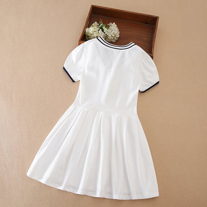 Girls' Navy Summer Dress V-Neck Polo Pleated Dress for School 5-12 Years Girls Clothing