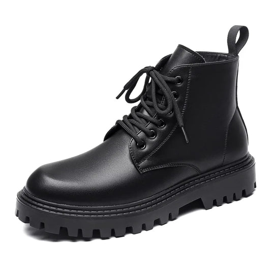 Black Men's Casual Leather Boots Fashion Winter Men Work Boot Mens Shoes Non-slip Designer High Top Ankle Boots Motorcycle Shoes