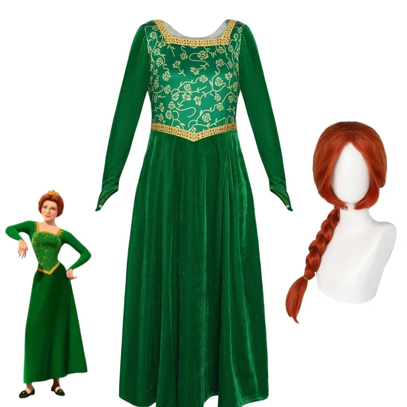 Cosplay Shrek Costume Anime Fiona Princess Dress Wig Woman Long Sleeves Green Dress Halloween Cosplay Halloween Carnival Clothe