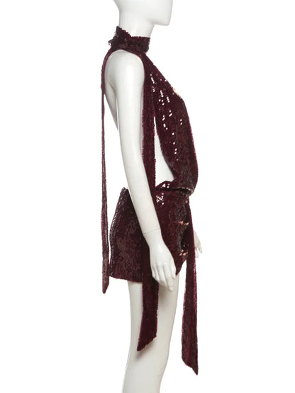 Coquettish Shiny Sequins Dress Women Halter Scarf+Sexy Deep V-Neck Backless Sleeveless Ruched Ribbon Club Hottie Outfits