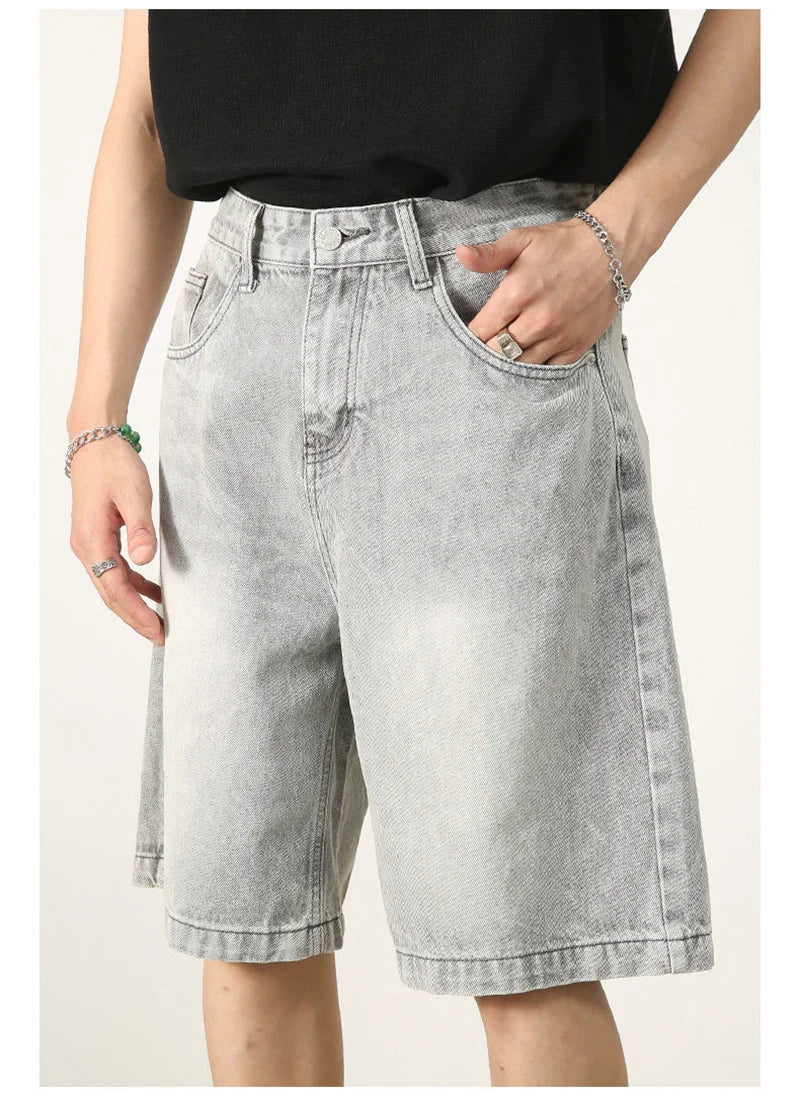 Summer Retro Washed Distressed Baggy Jorts Men's High Street Fashion Straight Jeans Shorts Y2K Casual Blue Denim Short Pants