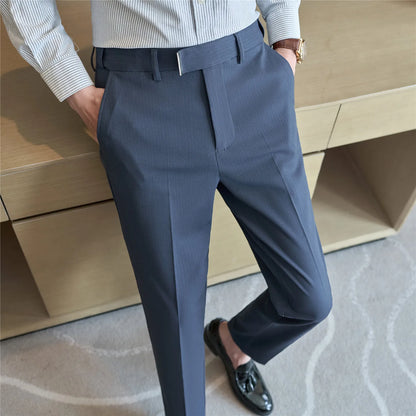 High Quality Hidden Elastic Waistband Metal Decorative Design Casual Pants Fashion Striped Slim Fit Office Social Men's Trousers