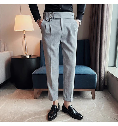 British Style Spring New Solid Business Casual Suit Pants High Waist Button Men Formal Pants High Quality Slim Office Trousers