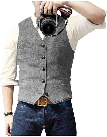 Men's Casual Classic Suit Vest V Neck Herringbone Tweed Slim Fit Business Waistcoat For Wedding
