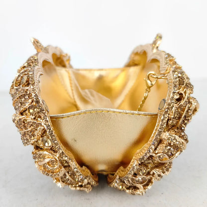 Women Gold Flower Clutch Evening Bags Bridal Wedding Handbags Formal Party Rhinestones Floral Purses