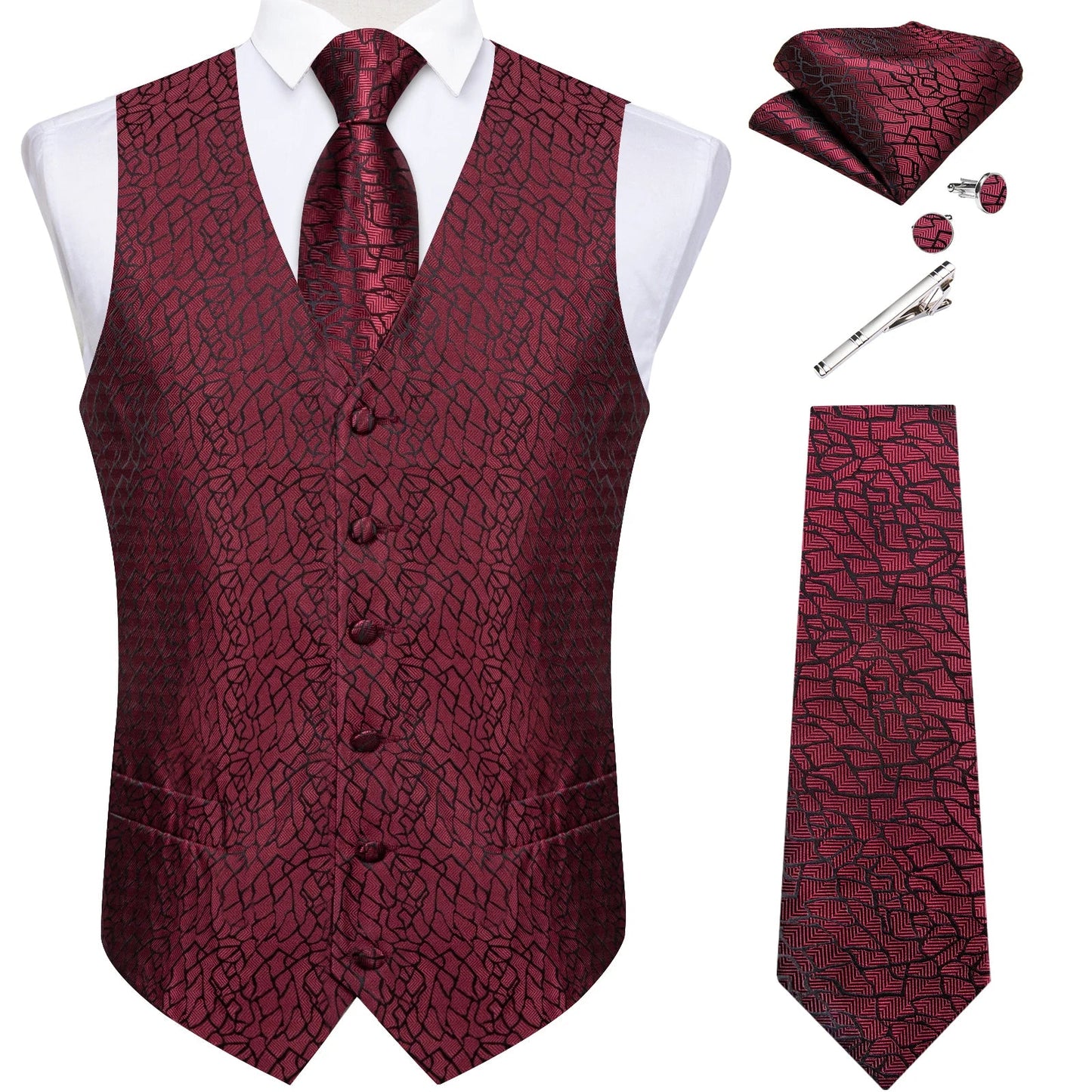 Suit Vest for Men Black Solid Paisley Wedding Prom Groom Jacquard Waistcoat with Necktie for Tuxedo Men Clothing