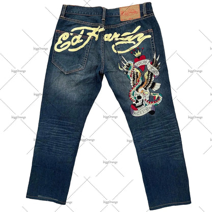 Mens Jeans Streetwear Y2K Vintage Straight Leg Denim Pants Skull Rose Flame Print Design Loose Fit Retro Punk Hip Hop Fashion