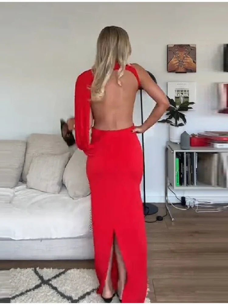 Red Asymmetrical Draped Backless Maxi Dress One Shoulder High Neck Cutout Bodycon Evening Gown For Women Formal Party