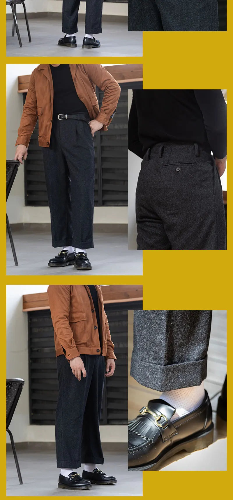 Cashmere Edition Men's Hollywood-Style Loose-Fit Slightly Flared Casual Pants Wool Flannel Trousers Vintage-Style Dress Pants