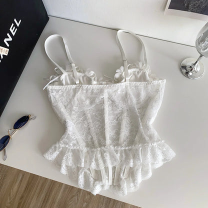 3D Floral Sexy Sheer Lingerie Top Ladies Lace Splice Bodycon Versatile Camisole French Romantic Hotsweet Corset Vest