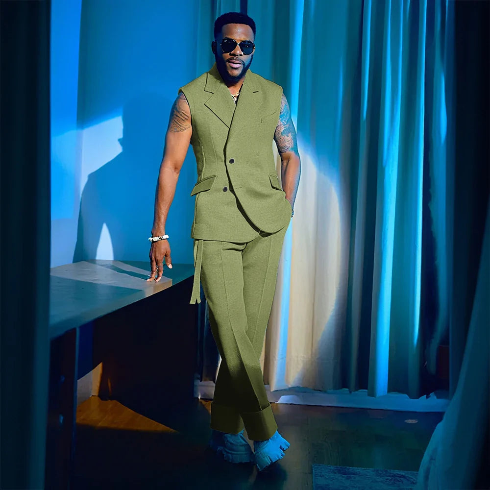 2025 Summer Hot 2 Pieces Jacket Pants Single Breasted Notch Collar High Quality Business Male Clothing Sleeveless Fashion