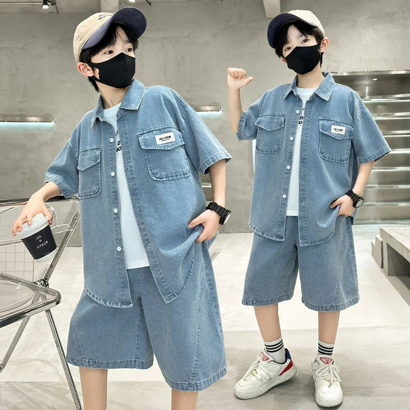 New Casual Kids Child Summer Denim Suit for Teenage Boy High Fashion Short Sleeve Shirt + Shorts 2 Pieces Clothing Set Age 5-14Y