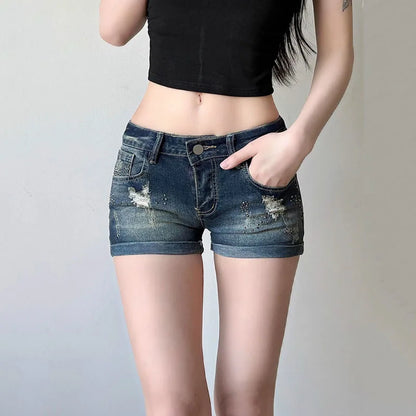 Summer Women Hole Denim Shorts Sexy Low Waist Slim Fit Hot Rhinestones Short Jeans Woman Retro Y2K Streetwear Roll Up Hem Shorts
