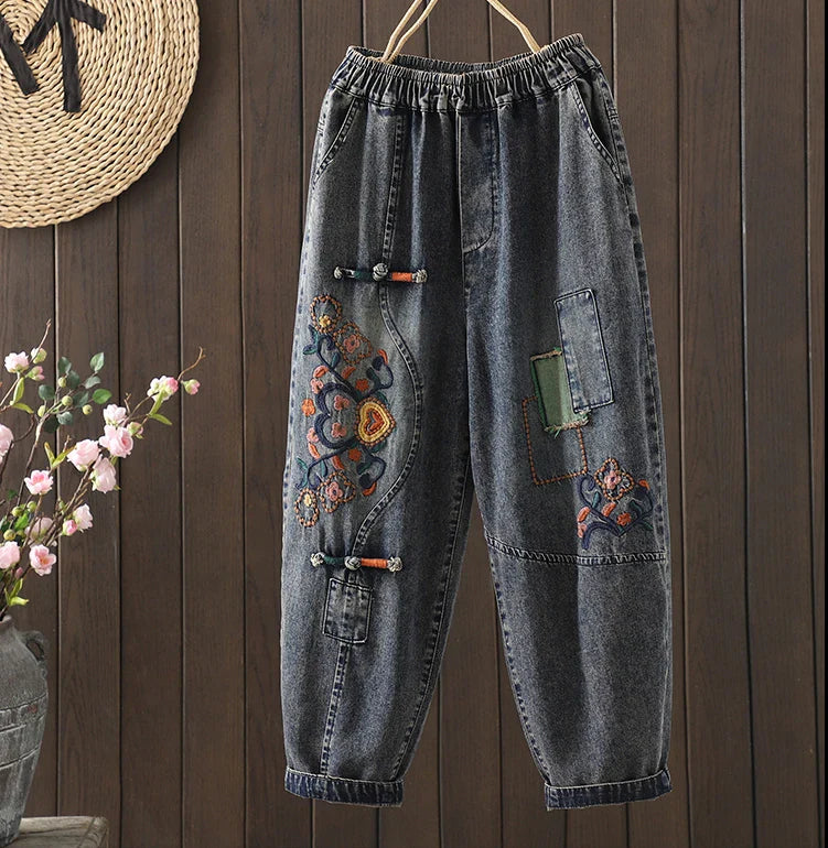 Fashion Y2K Women's Jeans plus Size Elastic Waist patch embroidery print Harem Pants Autumn Vintage Loose Ripped Denim Pants
