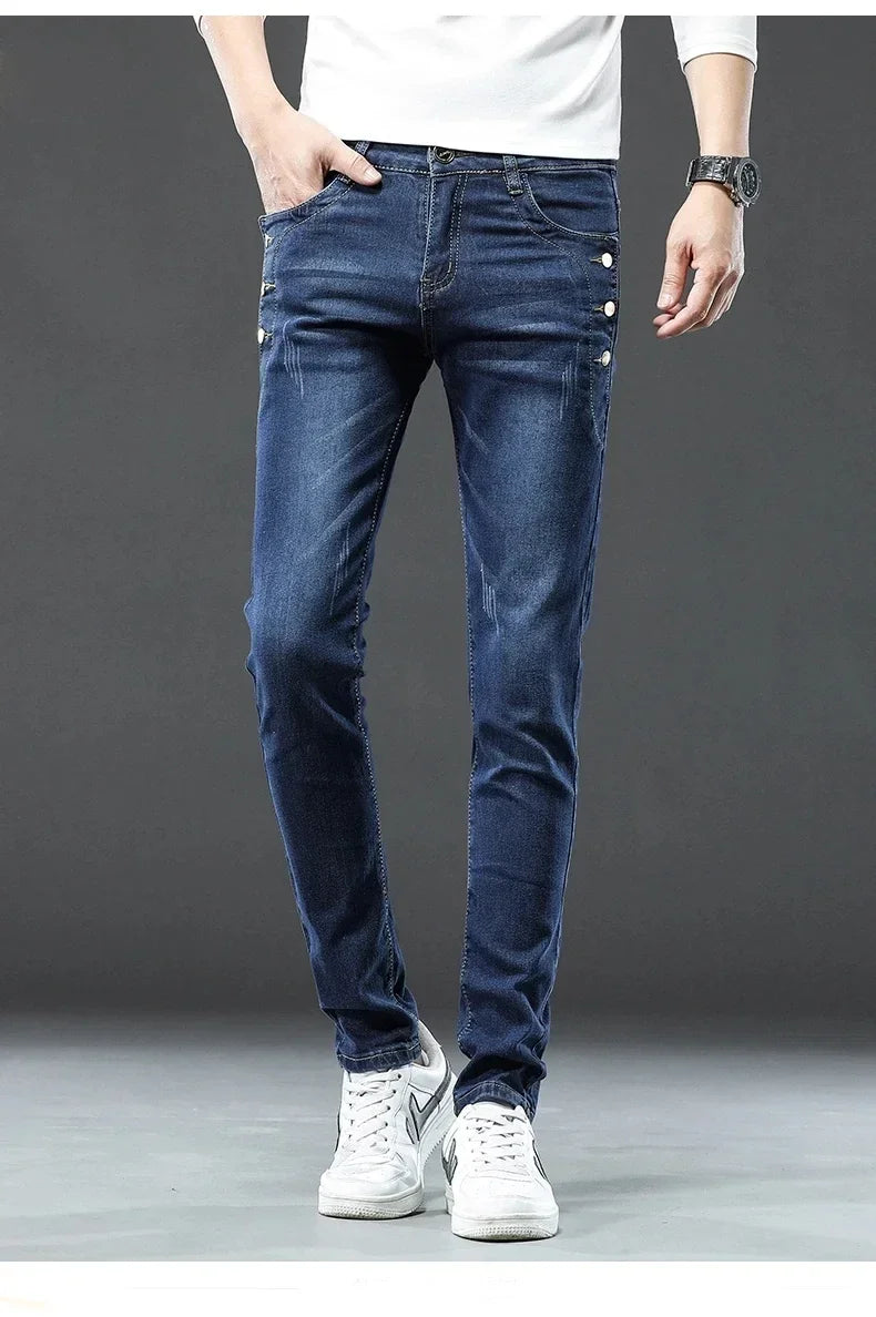 Men's Vintage Jeans Designer Korean Fashion Snowflake Wash Stretch Straight Pencil Pants Classic Slim Male Denim Trousers