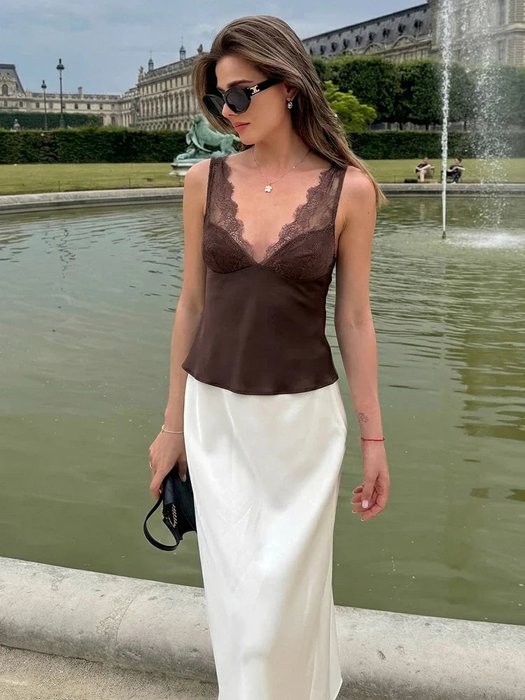 Elegant Women Lace Splice Sexy Satin Sling Tops 2026 Spring Summer Fashion Female V-Neck Backless Slimming Underwear Vest