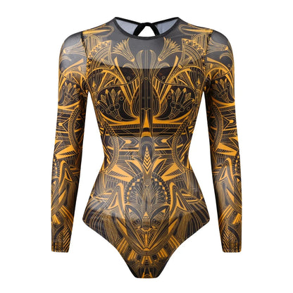 S - XXL Printed Long Sleeve With Sarong One Piece Swimsuit Women Swimwear Female Flowers Padded Bather Bathing Suit Swim V7181