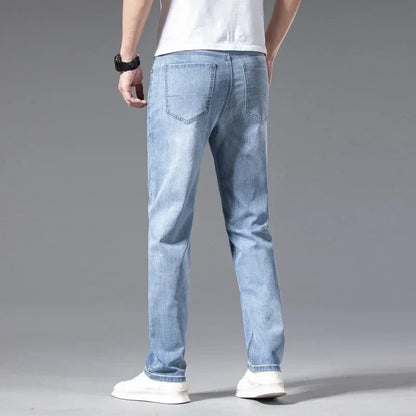 2024 Men's New Autumn Straight Casual Jeans Light Blue Classic Breathable Comfortable No Ironing Stretch Denim Trousers Male