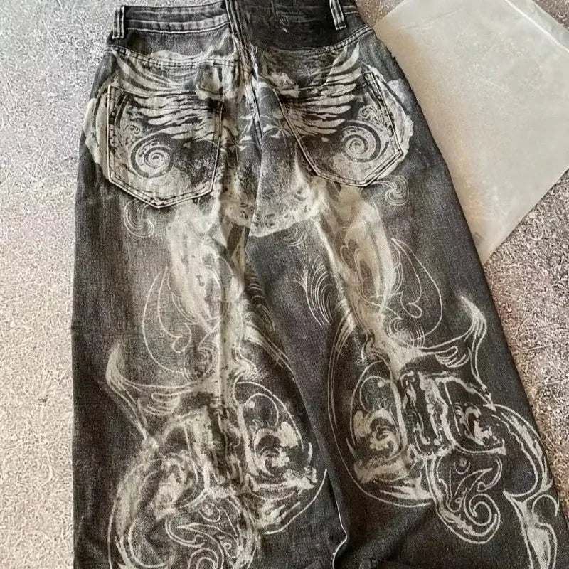 Mens Jeans Harajuku Streetwear Oversized Print Baggy Y2K Gothic Hip Hop Vintage High Waist Wide Leg Denim Pants Casual Fashion