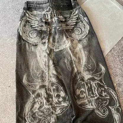 Mens Jeans Harajuku Streetwear Oversized Print Baggy Y2K Gothic Hip Hop Vintage High Waist Wide Leg Denim Pants Casual Fashion